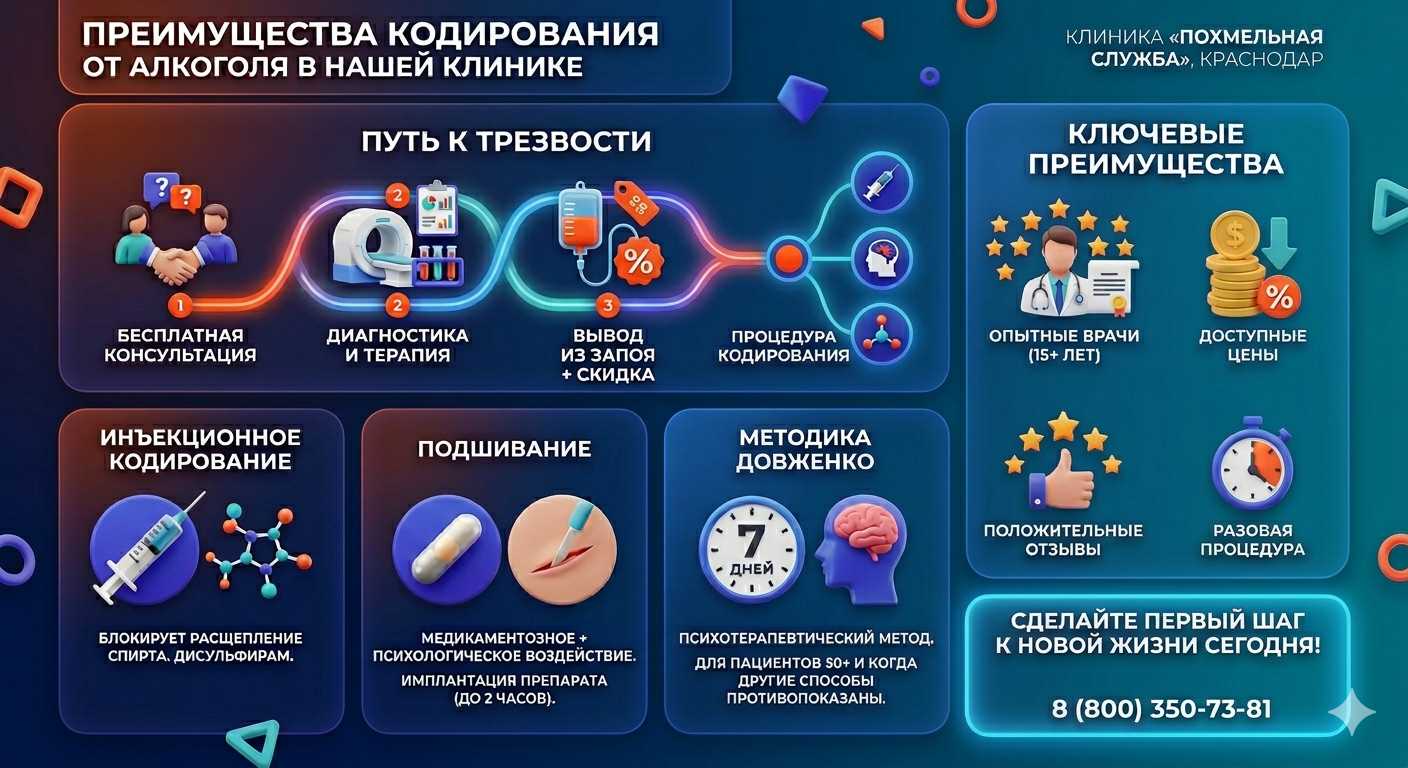 Инфографика о методах кодирования от алкоголя в Сосновке: инъекции, подшивание, метод Довженко. Преимущества клиники и этапы лечения.