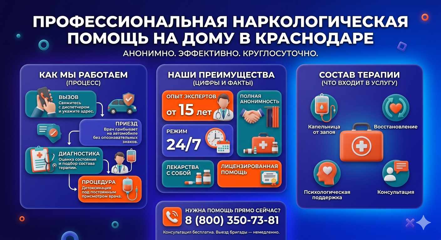 Инфографика о принципах лечения алкоголизма на дому в Сосновке: этапы вызова нарколога, преимущества анонимной детоксикации и состав медицинской помощи.